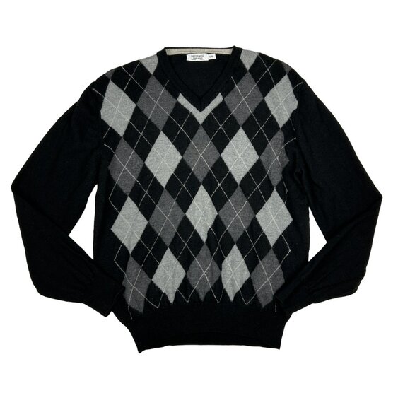 San Marco Sweater Mens M 100% Merino Wool Italy Black Grey Argyle V Neck Jumper - Picture 1 of 12